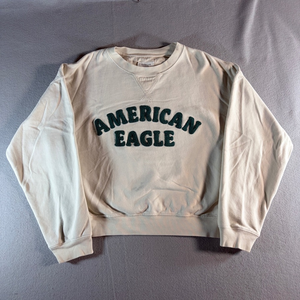 American Eagle Womens Small Cream Green Chenille Logo Crewneck Sweatshirt S